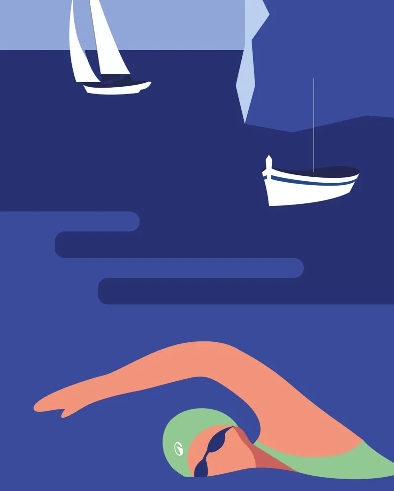 Decathlon, illustration nageur voilier mediterranee